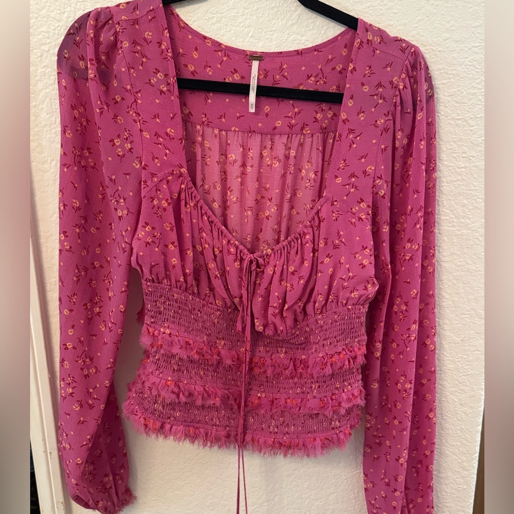 Free People Pink Smocked Long Sleeve Blouse